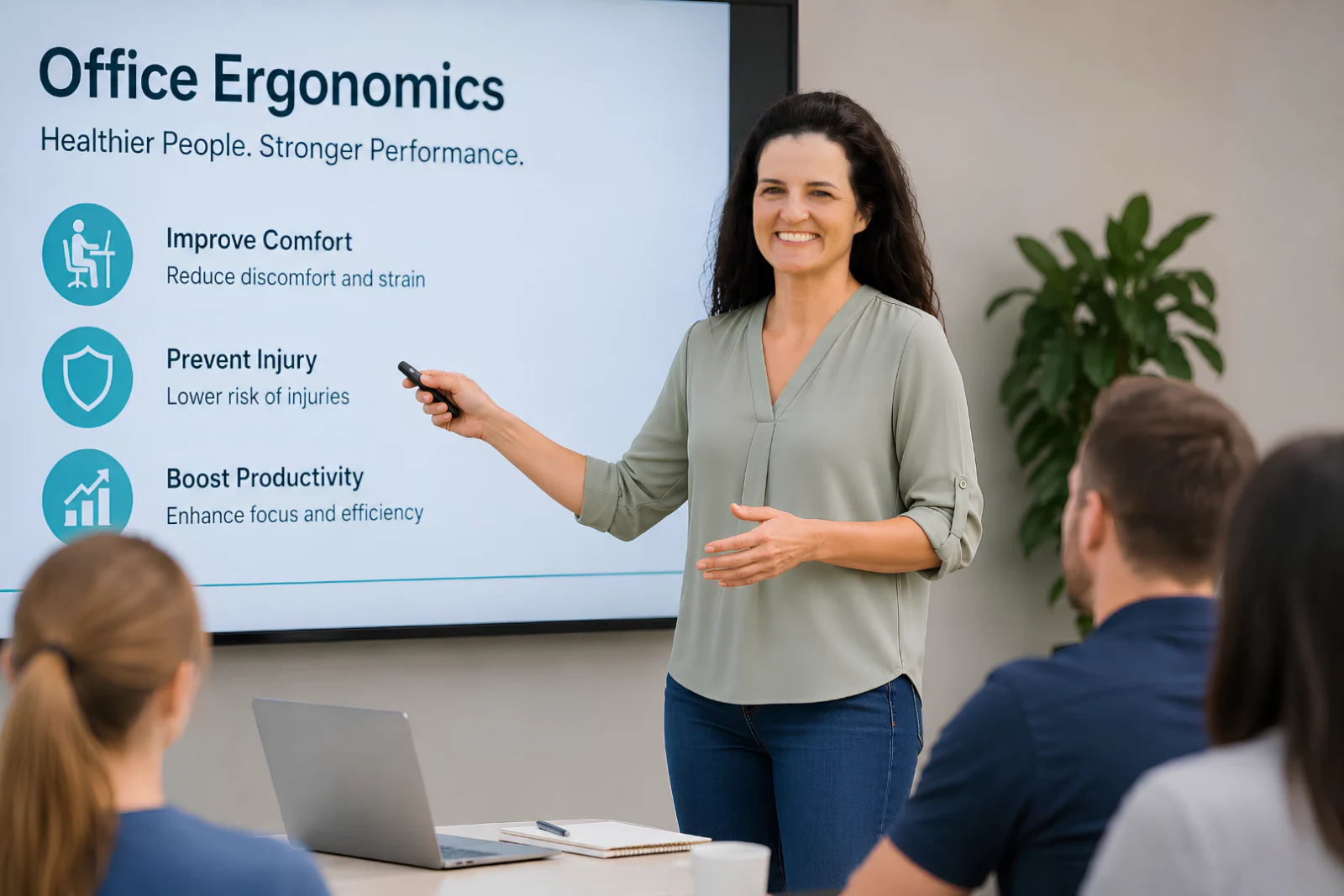 Darcie Jaremey teaching an office ergonomics session