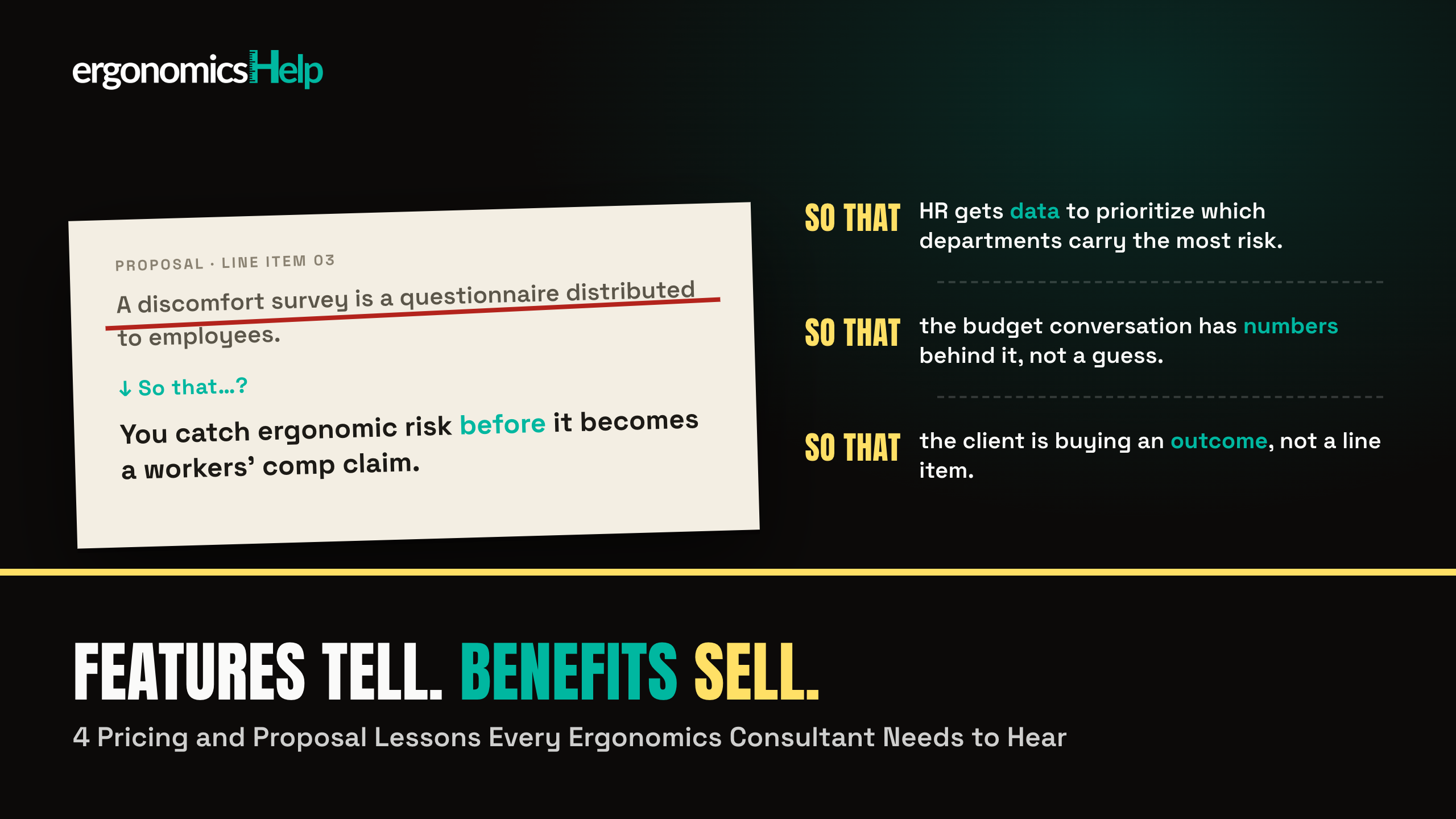 A proposal line item crossed out and rewritten using the 'so that' benefits reframe