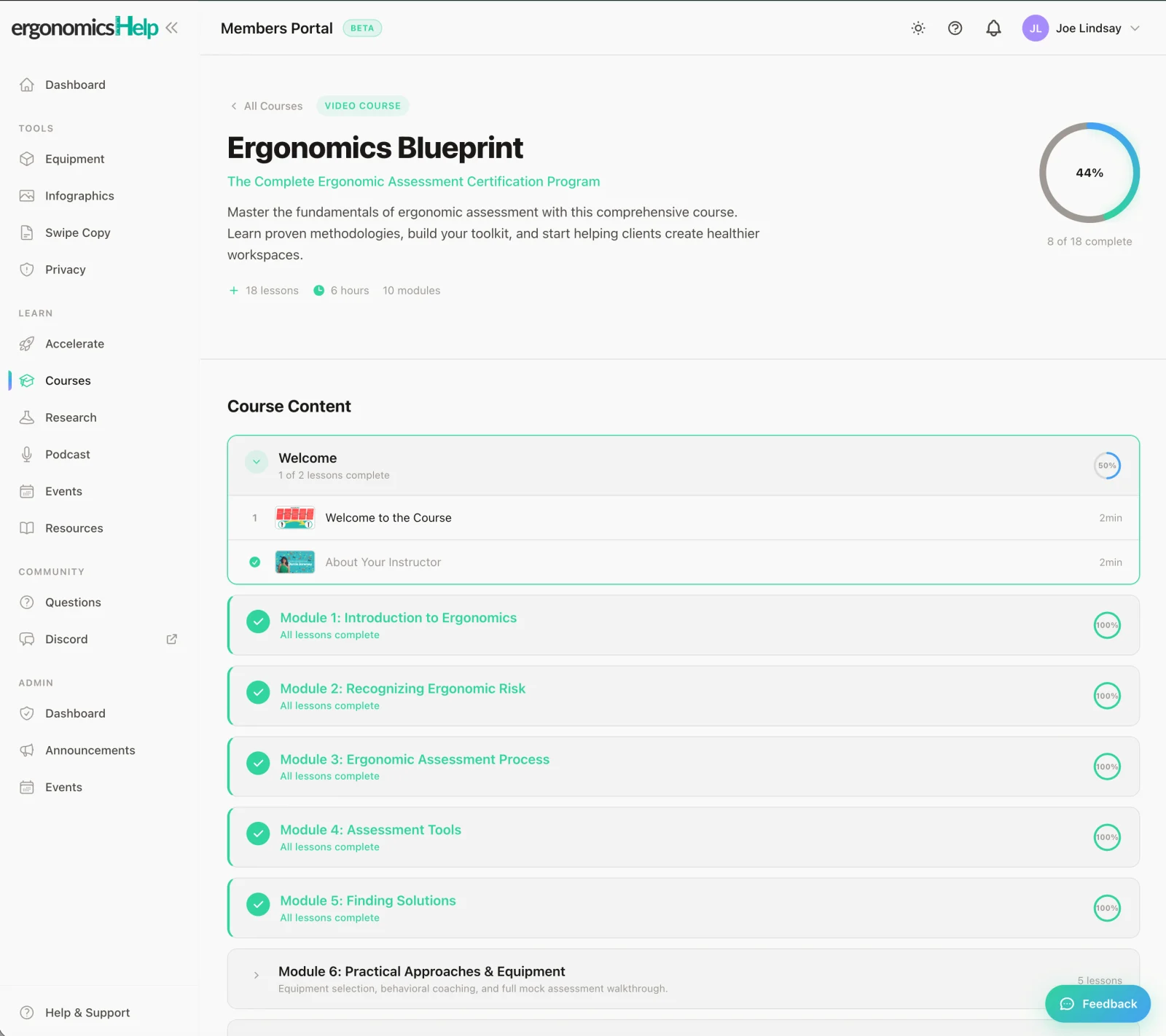 The Ergonomics Blueprint course inside the member portal, showing the six modules and progress