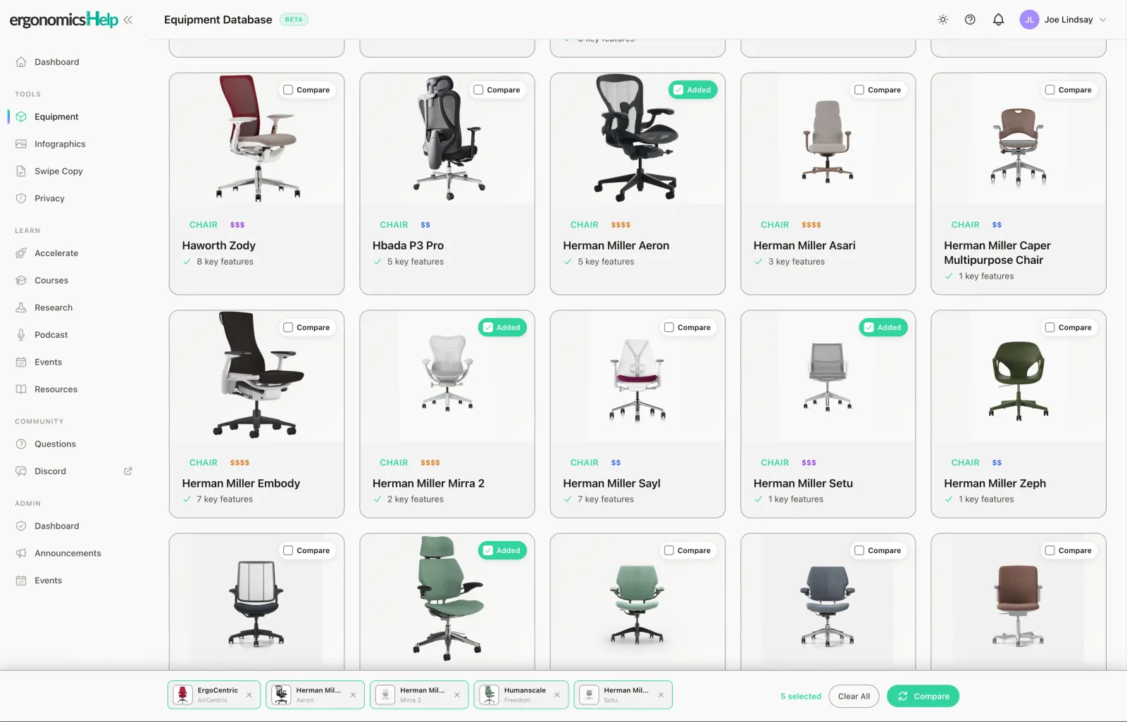 The equipment database showing a grid of office chairs with specs and a compare bar