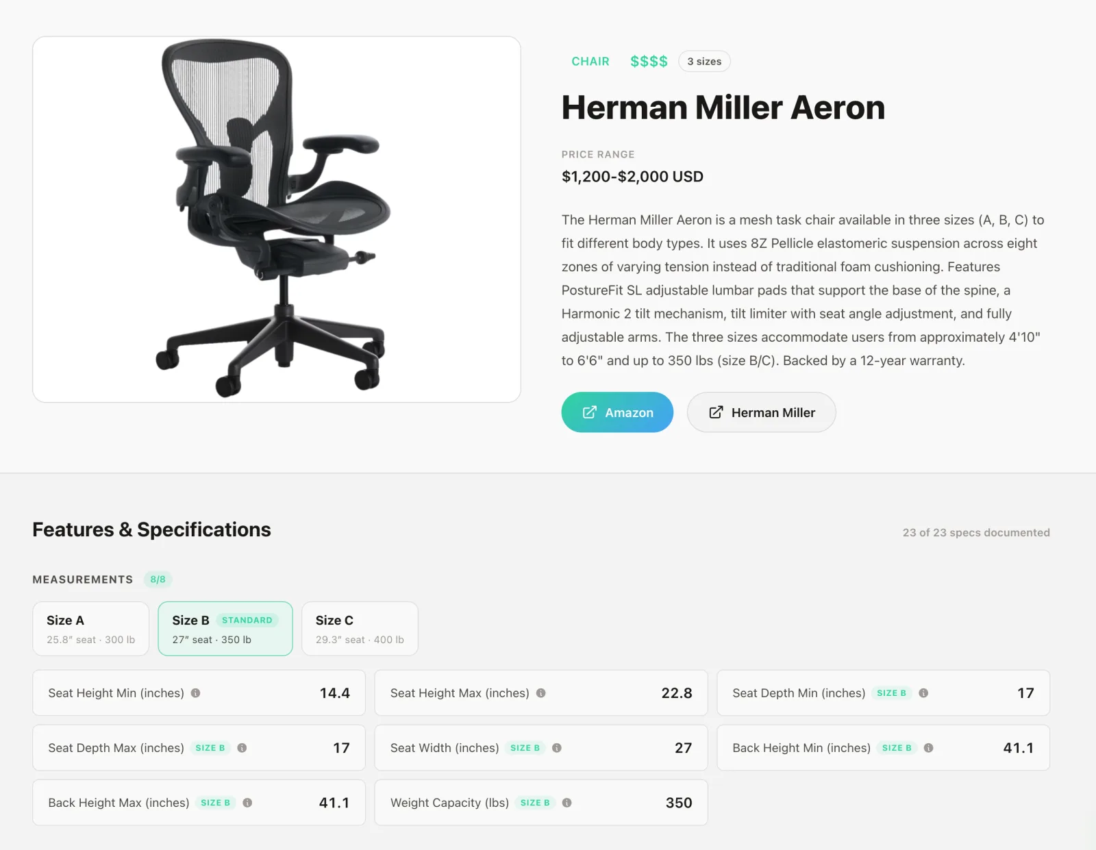 A product detail page showing fully documented specifications
