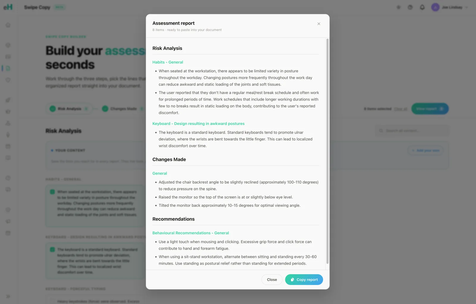 The swipe copy builder assembling a client report from content blocks